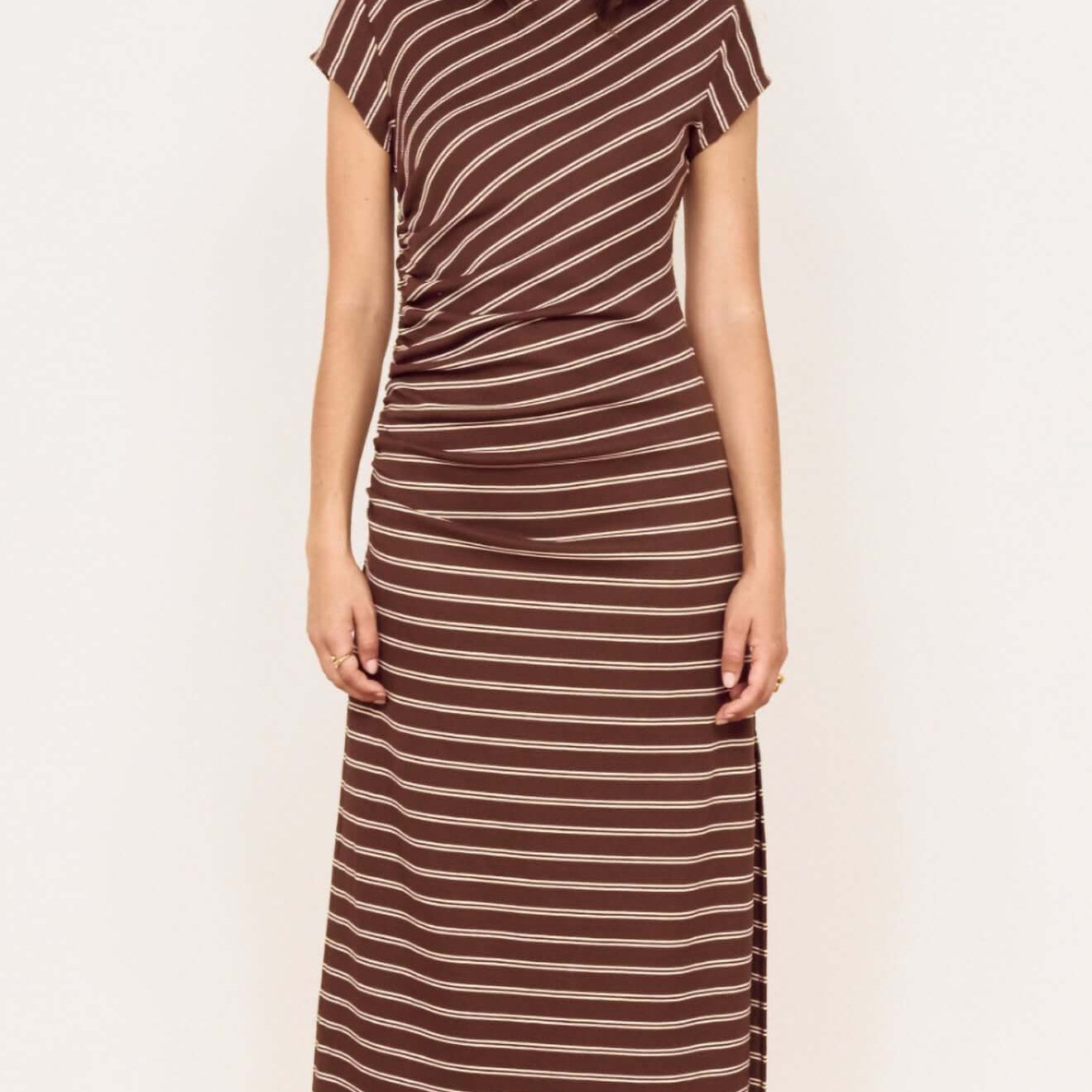 Striped Jersey Ruched Midi Dress