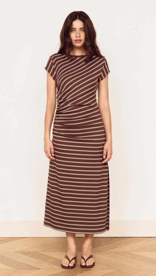 Striped Jersey Ruched Midi Dress