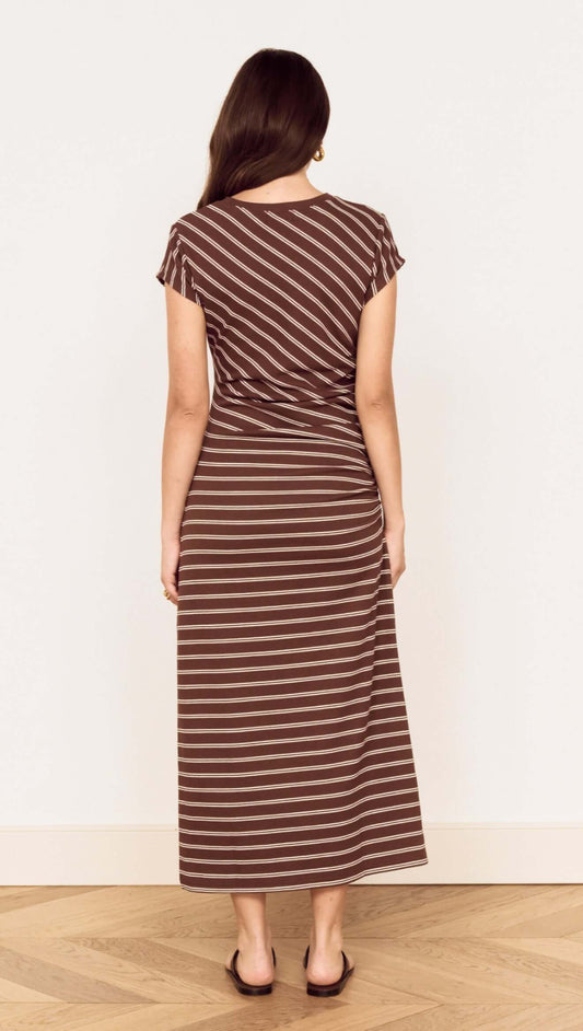 Model wearing a Striped Jersey Ruched Midi Dress, showcasing a chocolate stripe print from the back view.