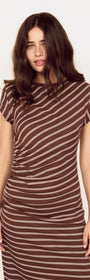 Model wearing a Striped Jersey Ruched Midi Dress featuring chocolate stripes and a fitted silhouette.