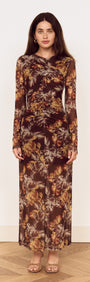Brown Floral Gathered Mesh Midi Dress on a model, featuring a sheer floral print with long sleeves and a fitted silhouette.