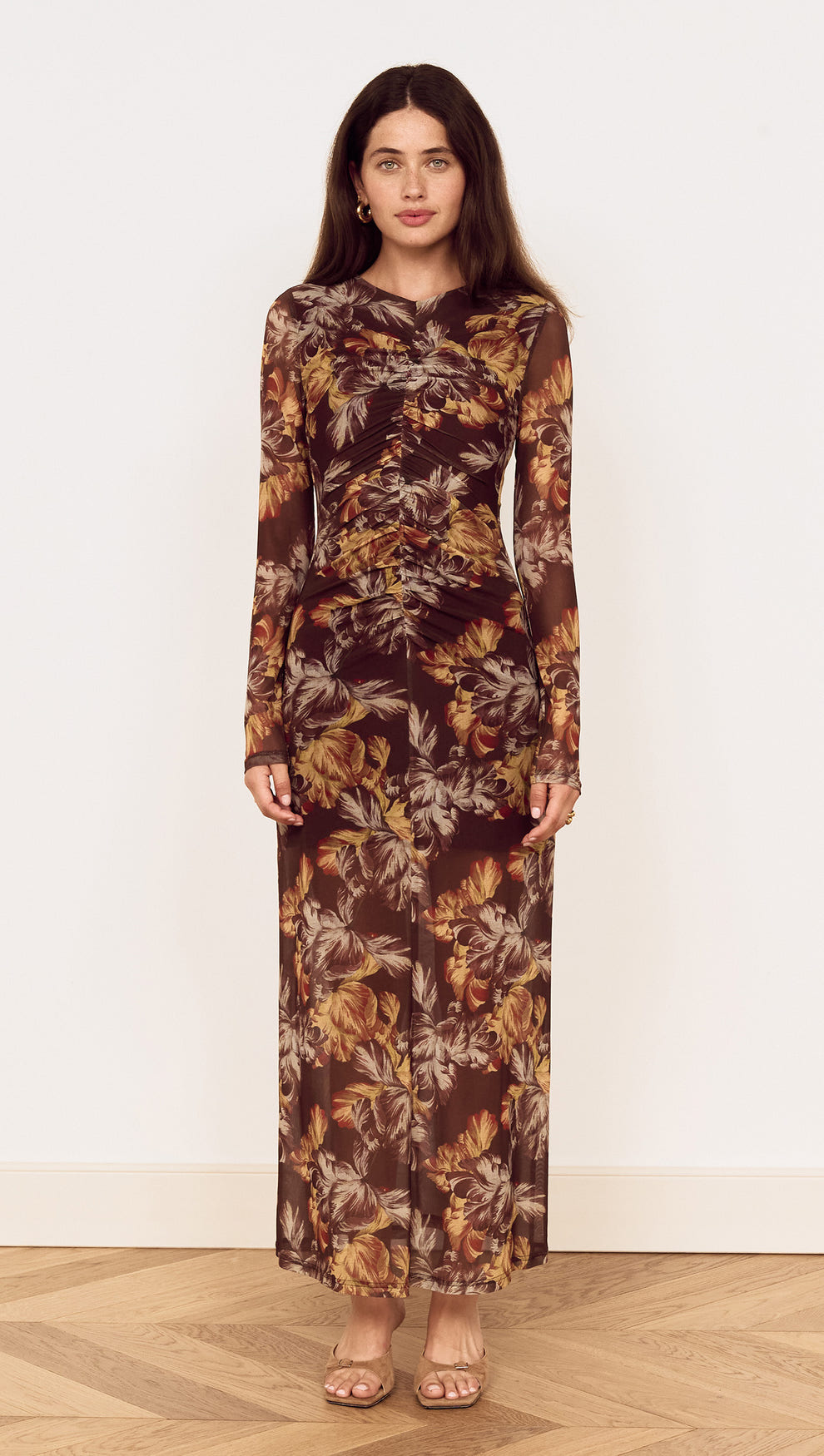 brown floral long sleeve dress Modest Dresses: Romantic Vintage Brown Floral Lace Trim Midi