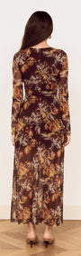 Brown Floral Gathered Mesh Midi Dress back view showcasing floral print and fitted silhouette.