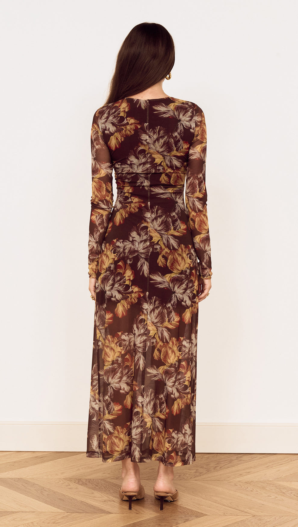 Brown Floral Gathered Mesh Midi Dress back view showcasing floral print and fitted silhouette.