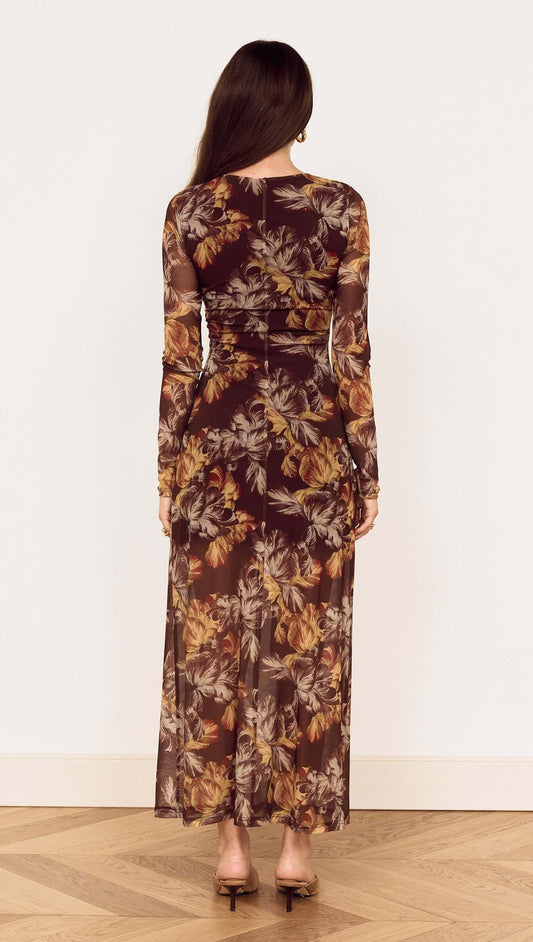 Brown Floral Gathered Mesh Midi Dress back view showcasing floral print and fitted silhouette.