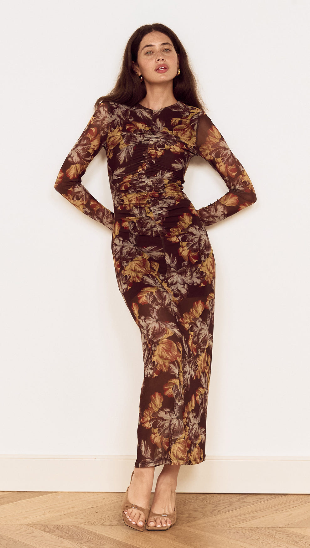 brown floral midi dress Puff Sleeve | Womens | Small (Available in XS, M, L) | 100% Polyester Size medium measures 45 from shoulder to hem Petal and Pup Women's Sara