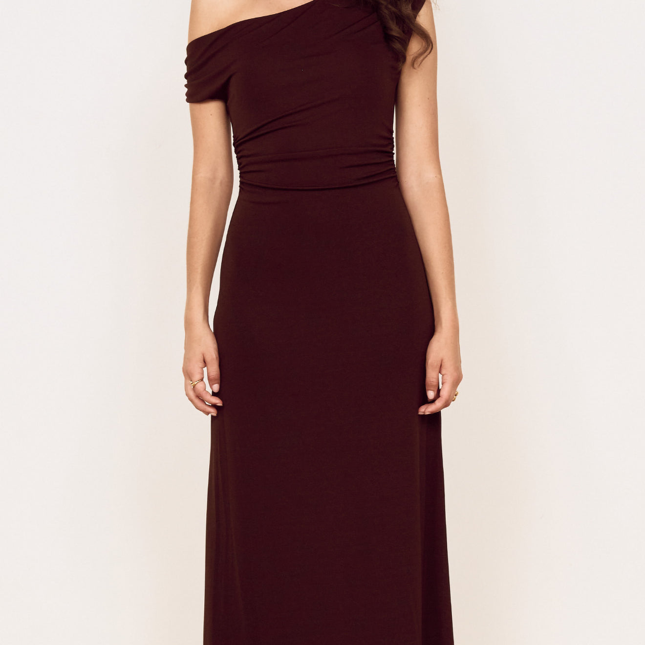 Chocolate One Shoulder Mesh Midi Dress featuring an off-shoulder neckline and fluid midi skirt for modern elegance.