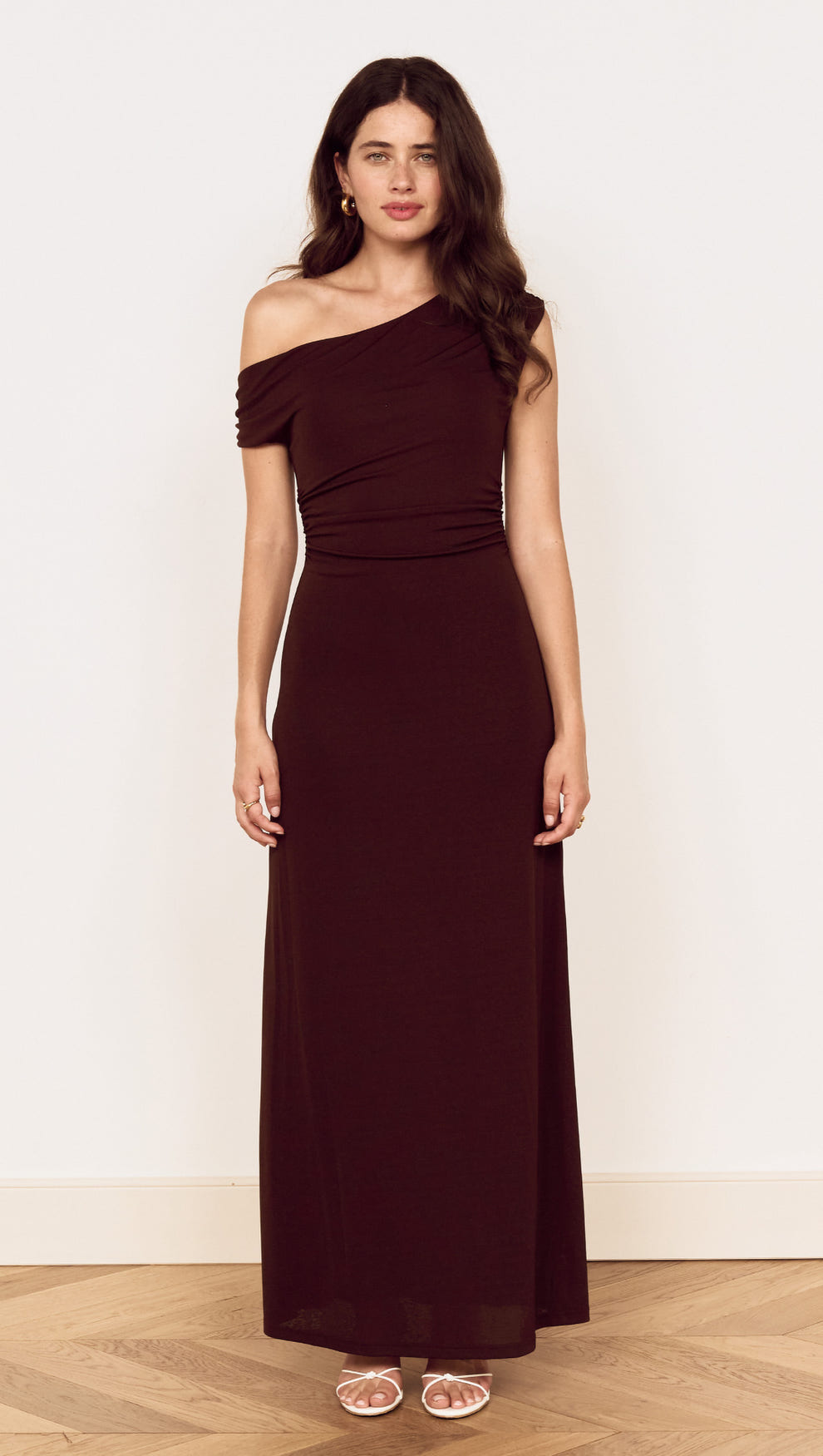 Chocolate One Shoulder Mesh Midi Dress featuring an off-shoulder neckline and fluid midi skirt for modern elegance.