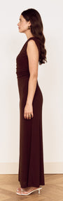 Chocolate One Shoulder Mesh Midi Dress side view showcasing its elegant silhouette and fitted design.