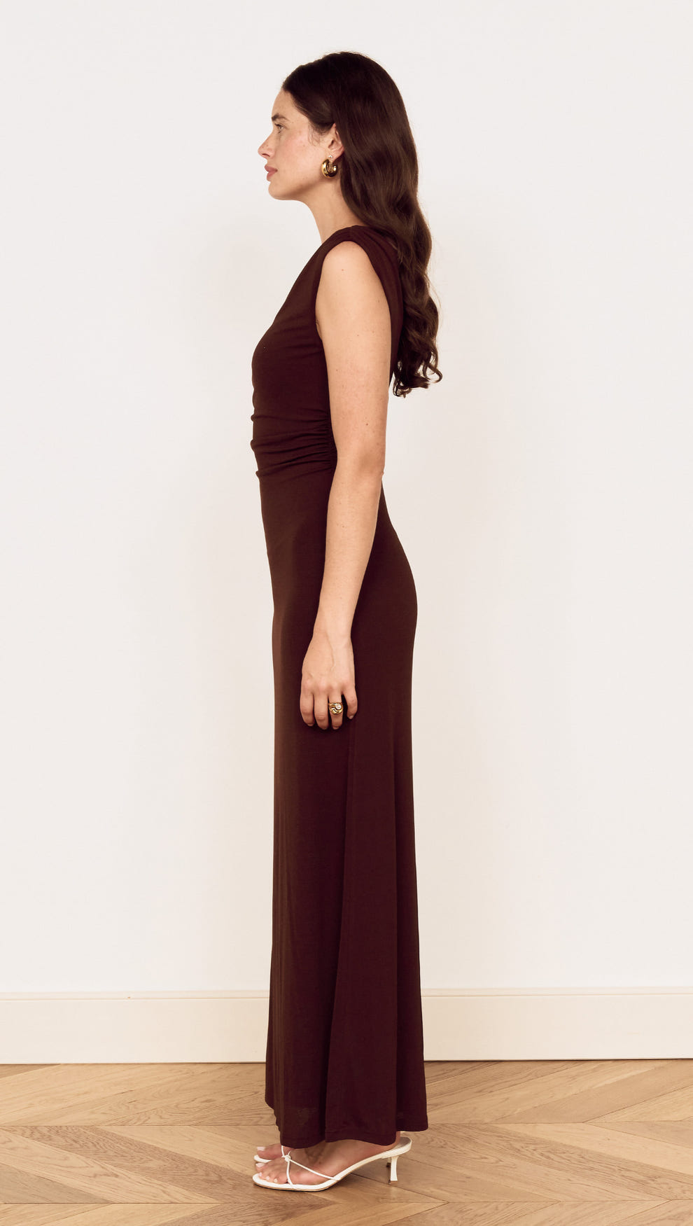 Chocolate One Shoulder Mesh Midi Dress side view showcasing its elegant silhouette and fitted design.