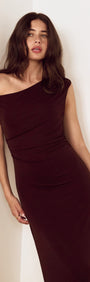 Chocolate One Shoulder Mesh Midi Dress worn by a model, featuring an off-shoulder neckline and gathered detailing.