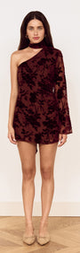 Velvet Devoré Mini Dress with Scarf Detail in Chocolate, featuring sheer burgundy mesh and floral velvet design.