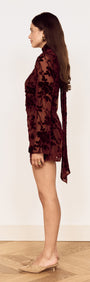Velvet Devoré Mini Dress with Scarf Detail in Chocolate side view, showcasing floral velvet design and asymmetric neckline.