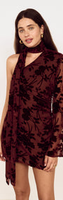 Velvet Devoré Mini Dress with Scarf Detail in Chocolate displayed on a model featuring floral velvet design and asymmetric neckline.