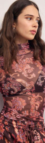 Sheer Printed Long Sleeve Mesh Top in floral print featuring a fitted silhouette and high neckline.