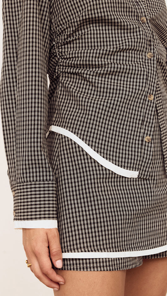 Contrast Hem Mini Skirt in Grey Check featuring micro-check fabric and contrast trim detail.