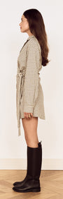 Cotton Wrap Detail Shirtdress in Blue Check worn by a model, showcasing the side profile and knee-high boots.