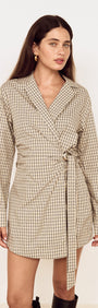 Cotton Wrap Detail Shirtdress in Blue Check worn by a model, showcasing the wrap-front silhouette and collared neckline.