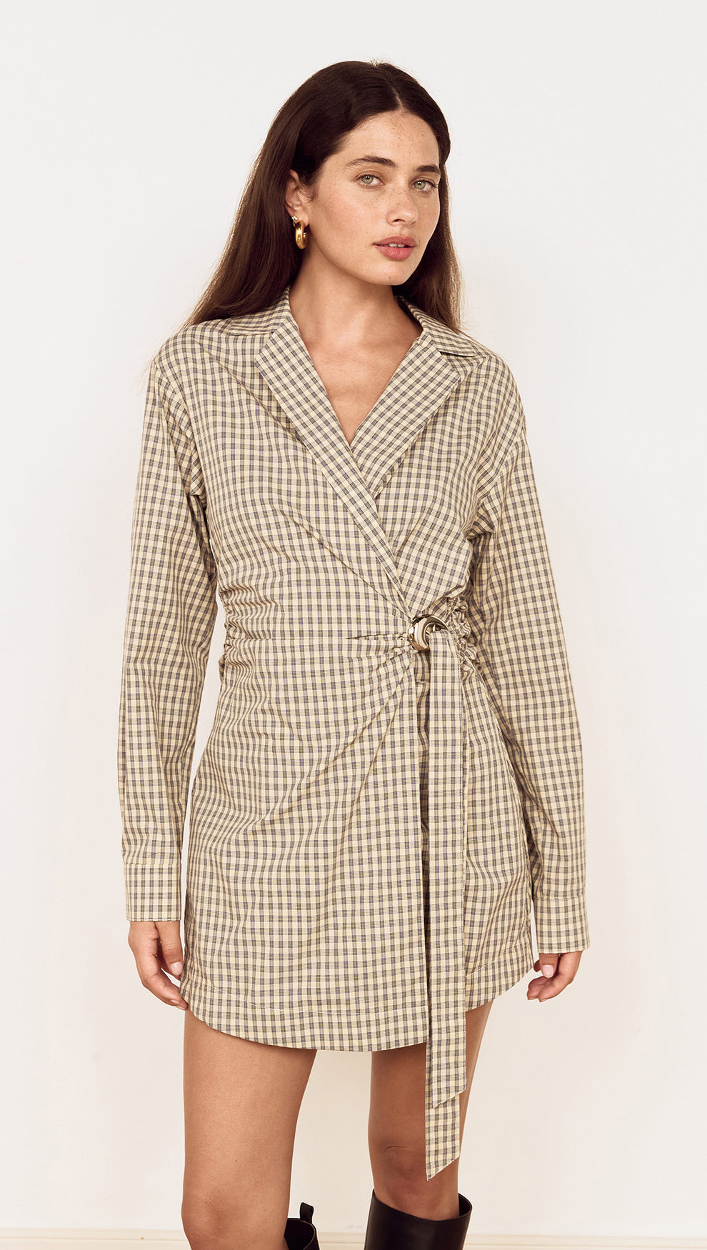 Cotton Wrap Detail Shirtdress in Blue Check worn by a model, showcasing the wrap-front silhouette and collared neckline.