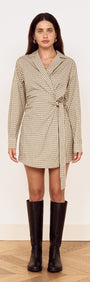Cotton Wrap Detail Shirtdress in Blue Check worn by model with knee-high boots on a neutral background.