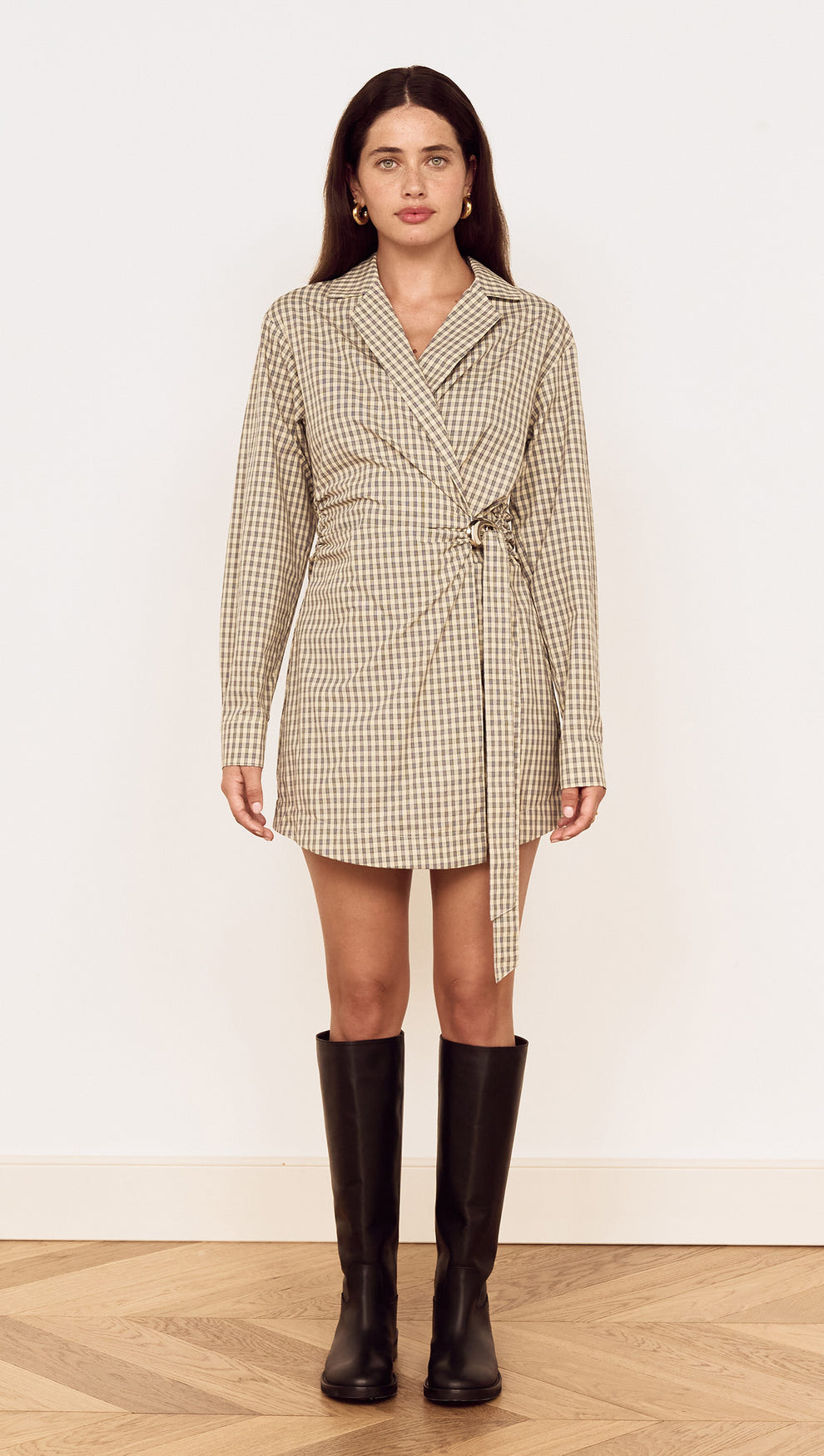 Cotton Wrap Detail Shirtdress in Blue Check worn by model with knee-high boots on a neutral background.