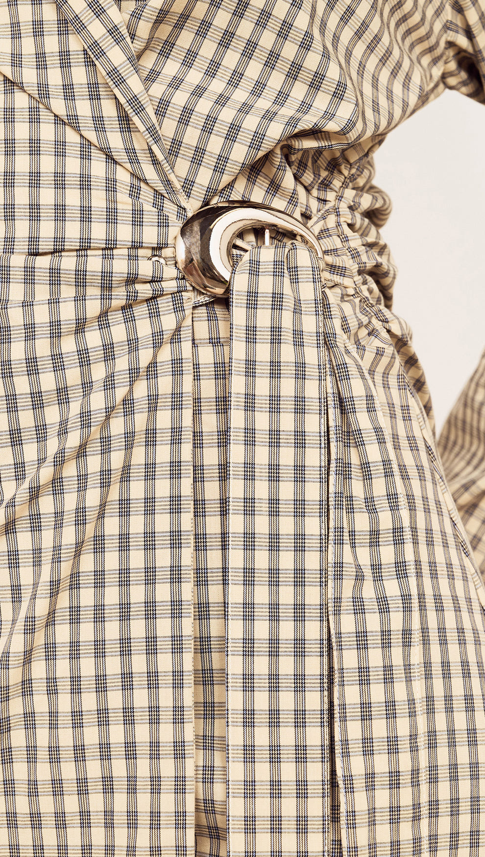 Cotton Wrap Detail Shirtdress in Blue Check showcasing intricate wrap detail and statement hardware.