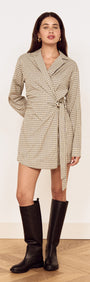 Cotton Wrap Detail Shirtdress in Blue Check worn by a model, showcasing a stylish wrap-front design and knee-high boots.