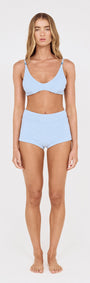 Bead Detail Textured Bikini Top in Sky Blue worn by model, featuring adjustable straps and a textured fabric.
