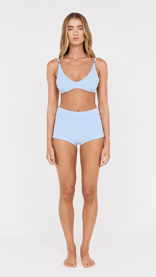 Bead Detail Textured Bikini Top in Sky Blue worn by model, featuring adjustable straps and a textured fabric.