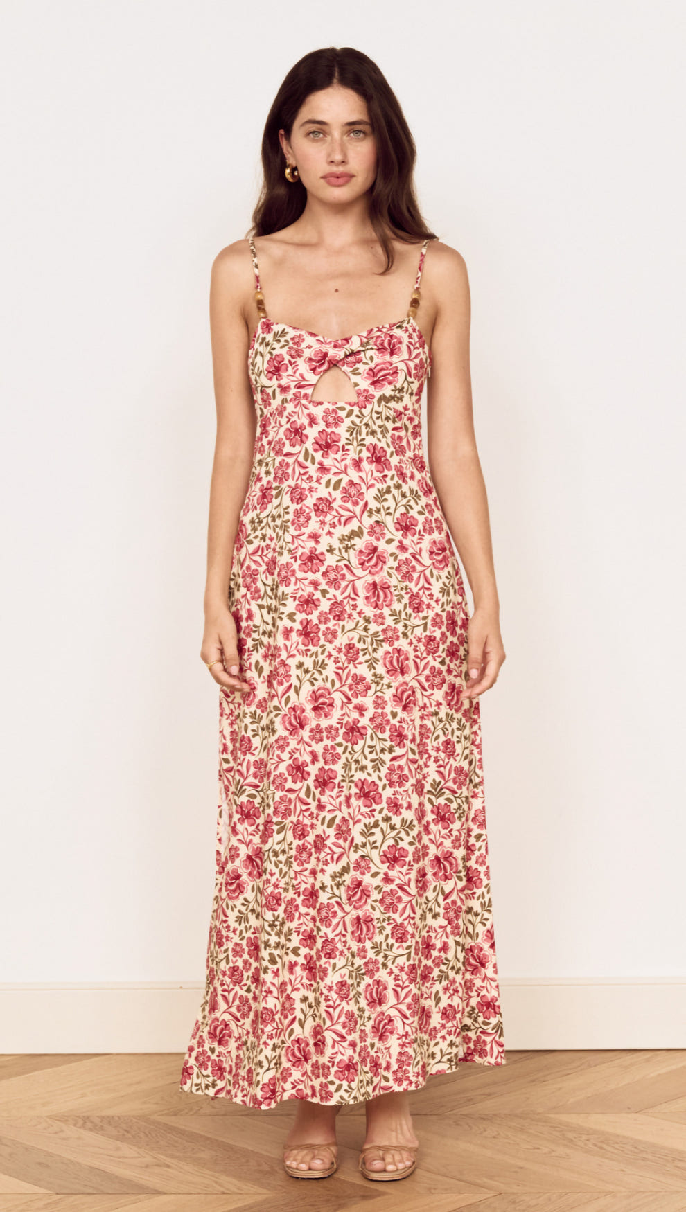 Vintage Floral Print Midi Dress with Bead Detail, featuring a romantic floral print and feminine styling in a flattering silhouette.