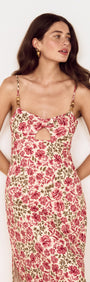 Vintage Floral Print Midi Dress with Bead Detail worn by a model, featuring a floral design and gathered bust.