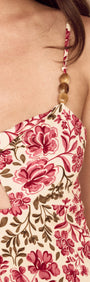 Vintage Floral Print Midi Dress with Bead Detail showcasing floral design and unique bead strap.