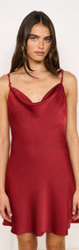 Cowl Neck Bias Mini Dress with Bead Detail in Red worn by a model, showcasing a satin fabric and cowl neckline.