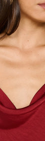 Cowl Neck Bias Mini Dress with Bead Detail in Red, showing the cowl neckline and rich burgundy satin fabric.