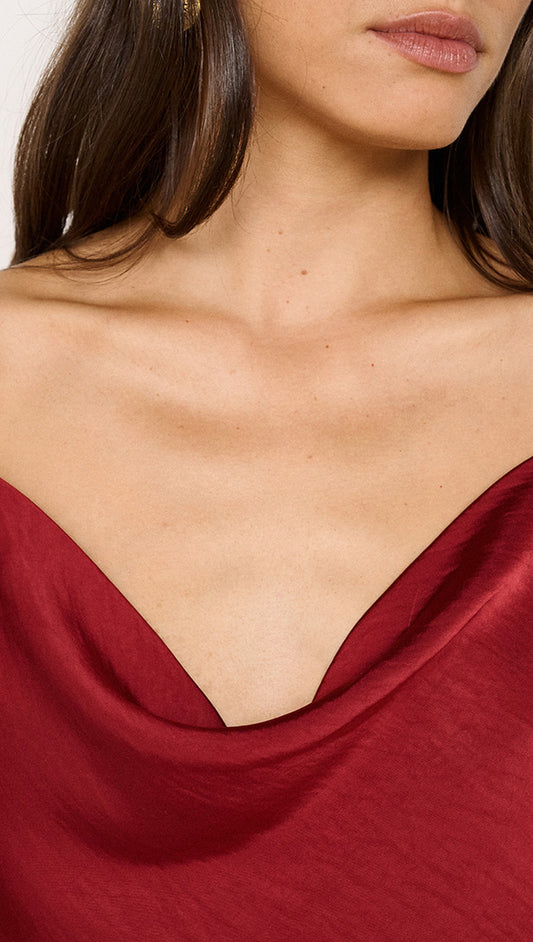 Cowl Neck Bias Mini Dress with Bead Detail in Red, showing the cowl neckline and rich burgundy satin fabric.