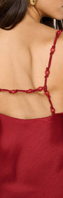 Cowl Neck Bias Mini Dress with Bead Detail in Red showcasing the back and beaded shoulder straps.