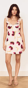 Floral Ruffle Detail Bias Mini Dress featuring a blurred floral print in berry and gold with ruffle details.