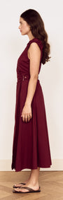 Side view of Cotton Wrap Detail Midi Dress in Burgundy, featuring a flattering wrap bodice and A-line skirt.