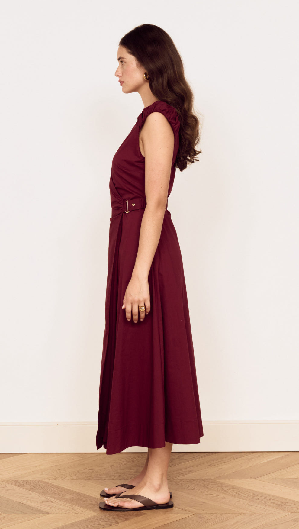 Side view of Cotton Wrap Detail Midi Dress in Burgundy, featuring a flattering wrap bodice and A-line skirt.