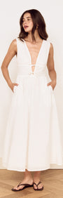 Cotton Broderie Anglaise Sleeveless Dress featuring a plunging V-neckline and side pockets in white.
