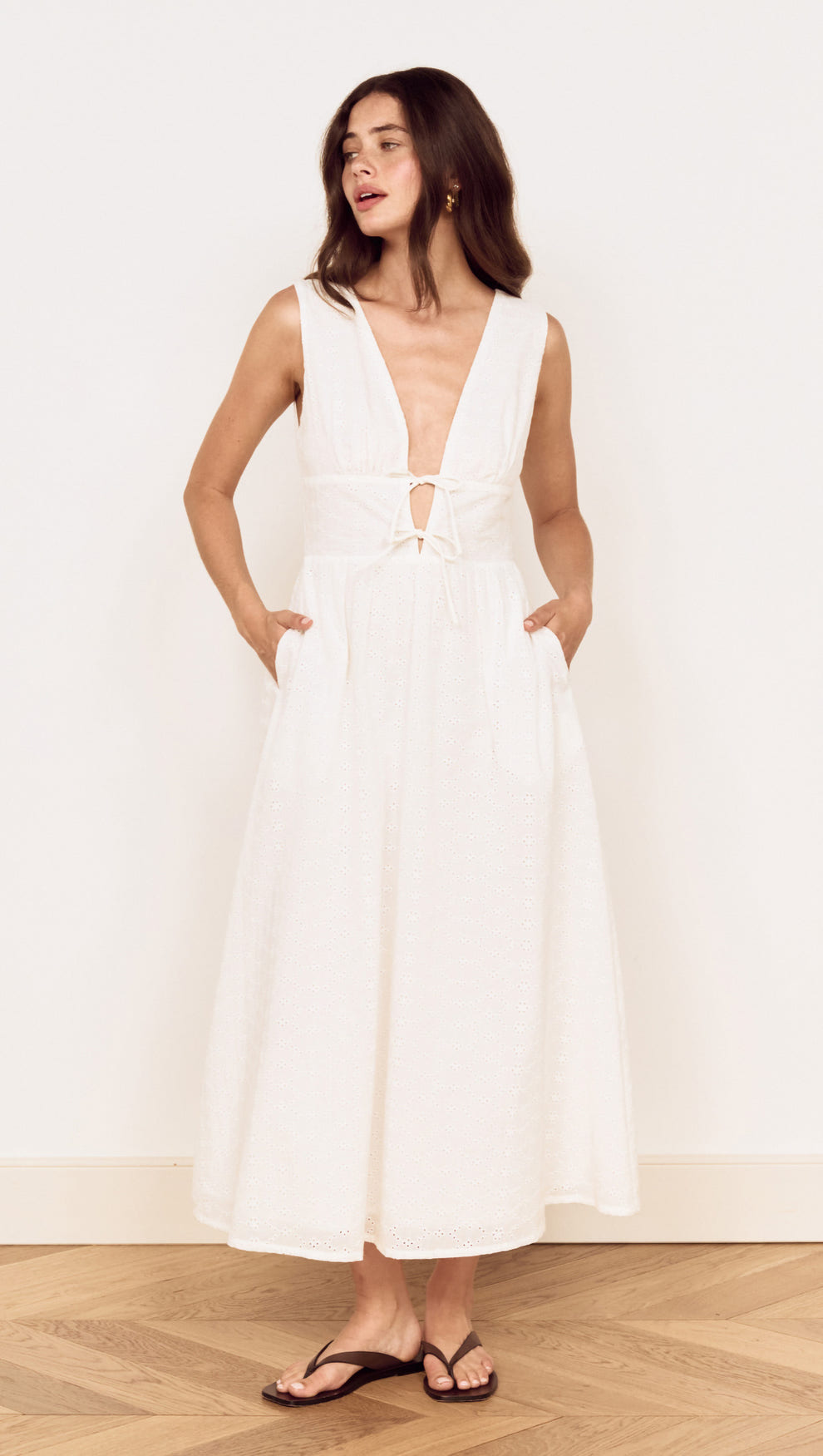 Cotton Broderie Anglaise Sleeveless Dress featuring a plunging V-neckline and side pockets in white.