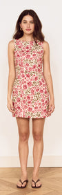 Vintage Floral Print Tie-Back Mini Dress on a model, showcasing a floral pattern with a fitted bodice and flared skirt.