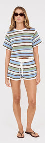 Blue & Green Stripe Crochet Cropped Tee worn with matching shorts, ideal for beach days and warm weather.