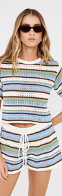 Model wearing a Blue & Green Stripe Crochet Cropped Tee with matching shorts, accessorized with sunglasses.