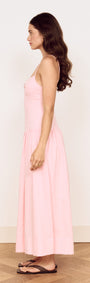 Linen Blend Midi Dress with Drop Waist displayed in soft pink with a fitted bodice and gathered full skirt.