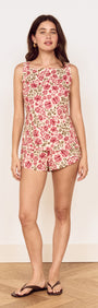 Vintage Floral Print Mini Shorts styled with a floral design, featuring an elastic waistband and playful hem.