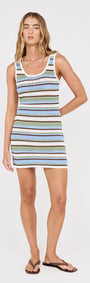 Blue & Green Stripe Crochet Mini Dress showcased on a model with a scoop neckline and tank straps.
