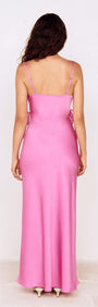 Fuchsia Bias Cut Maxi Dress with Lacing Detail shown from the back, featuring a sleek and elegant design.