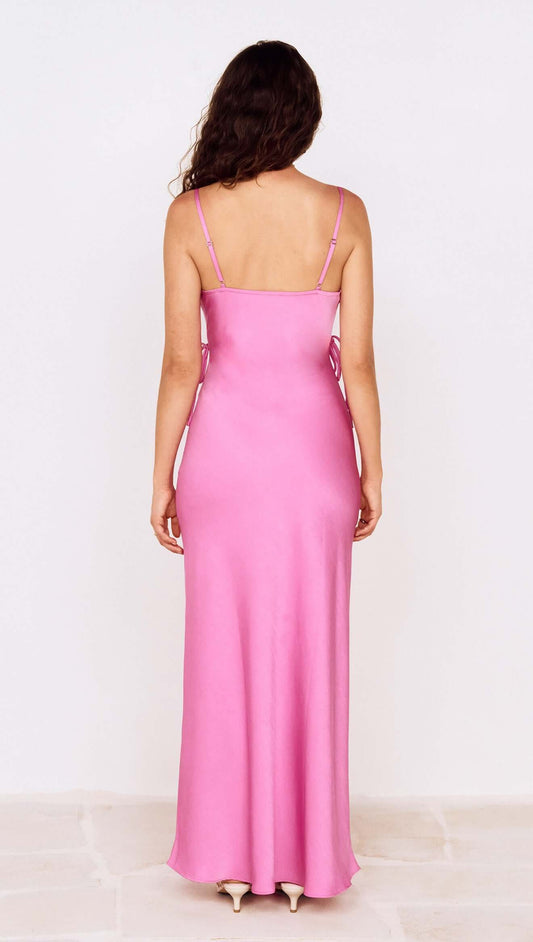 Fuchsia Bias Cut Maxi Dress with Lacing Detail shown from the back, featuring a sleek and elegant design.