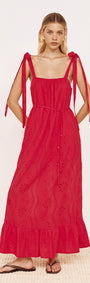 Cotton Broderie Maxi Sun Dress in Red worn by a model with tie shoulder straps and flowing silhouette.